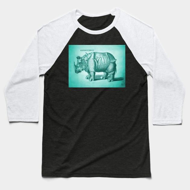 Teal Rhino Antique Engraving Baseball T-Shirt by chilangopride